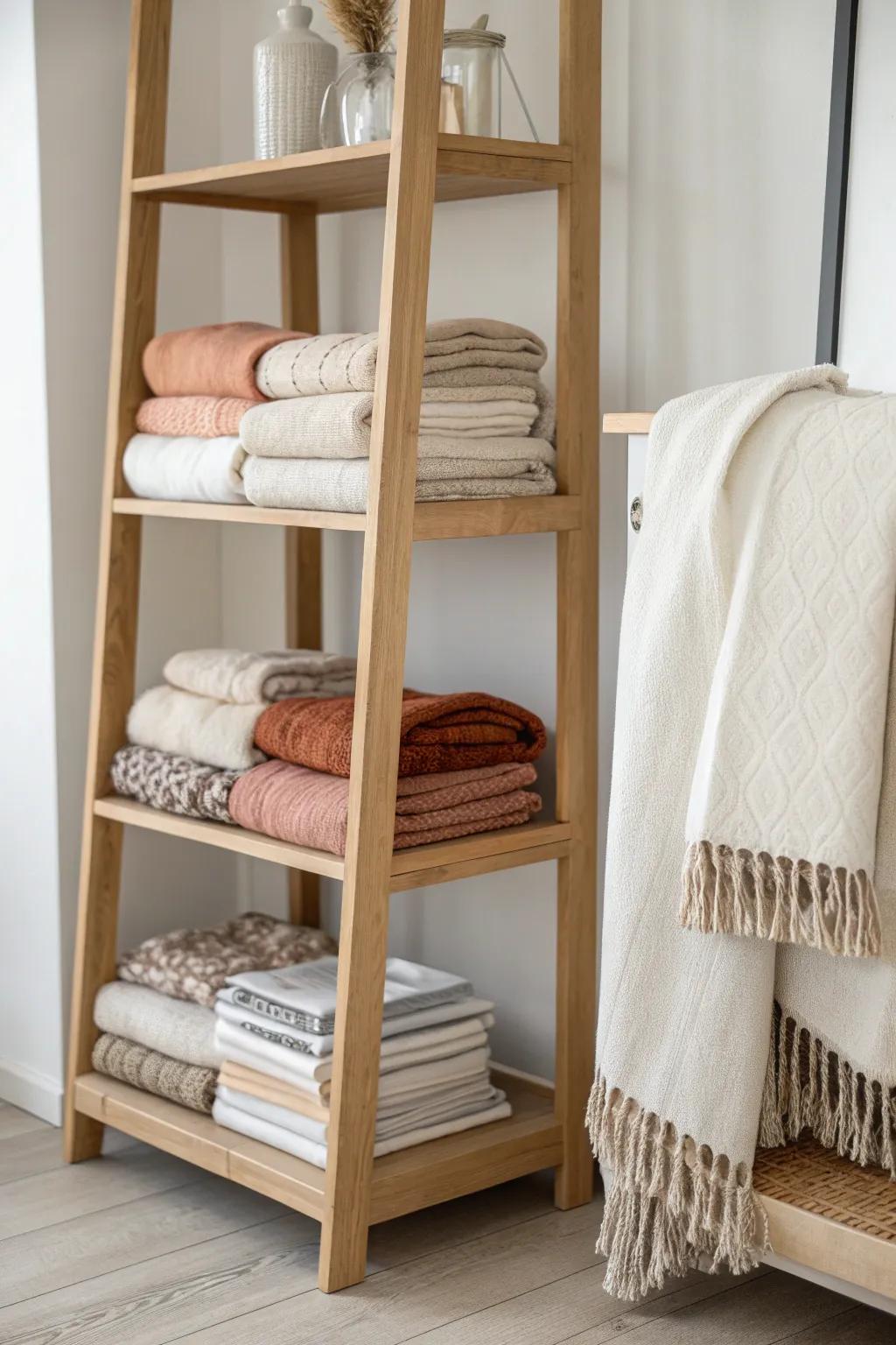 Stack blankets like books on an open shelf for a cozy, tidy bookcase upgrade.