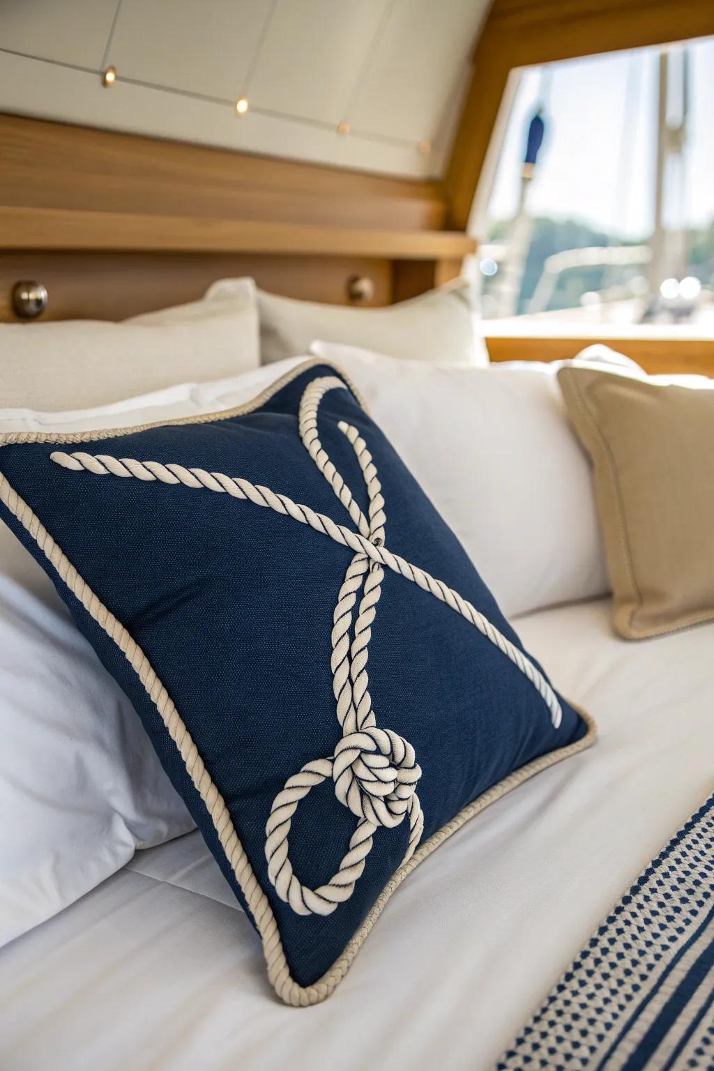 Keep boat bedding serene: one graphic nautical pillow in navy on white, then stop at 2–3 max.