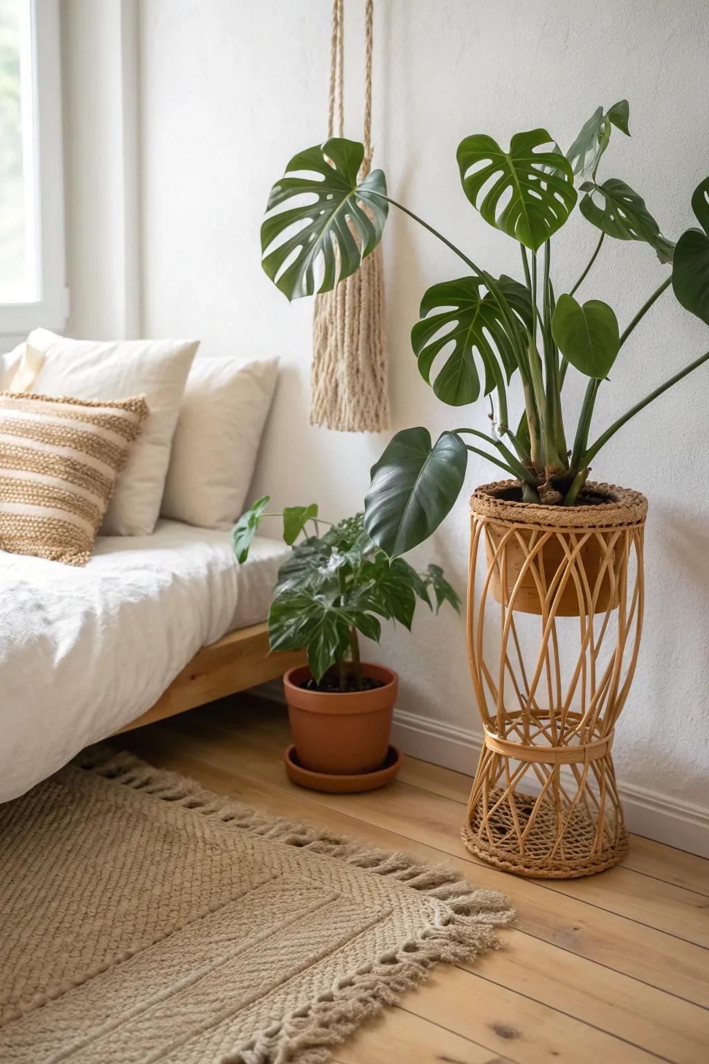 A simple plant cluster moment: one statement leaf + natural textures for boho daybed vibes.