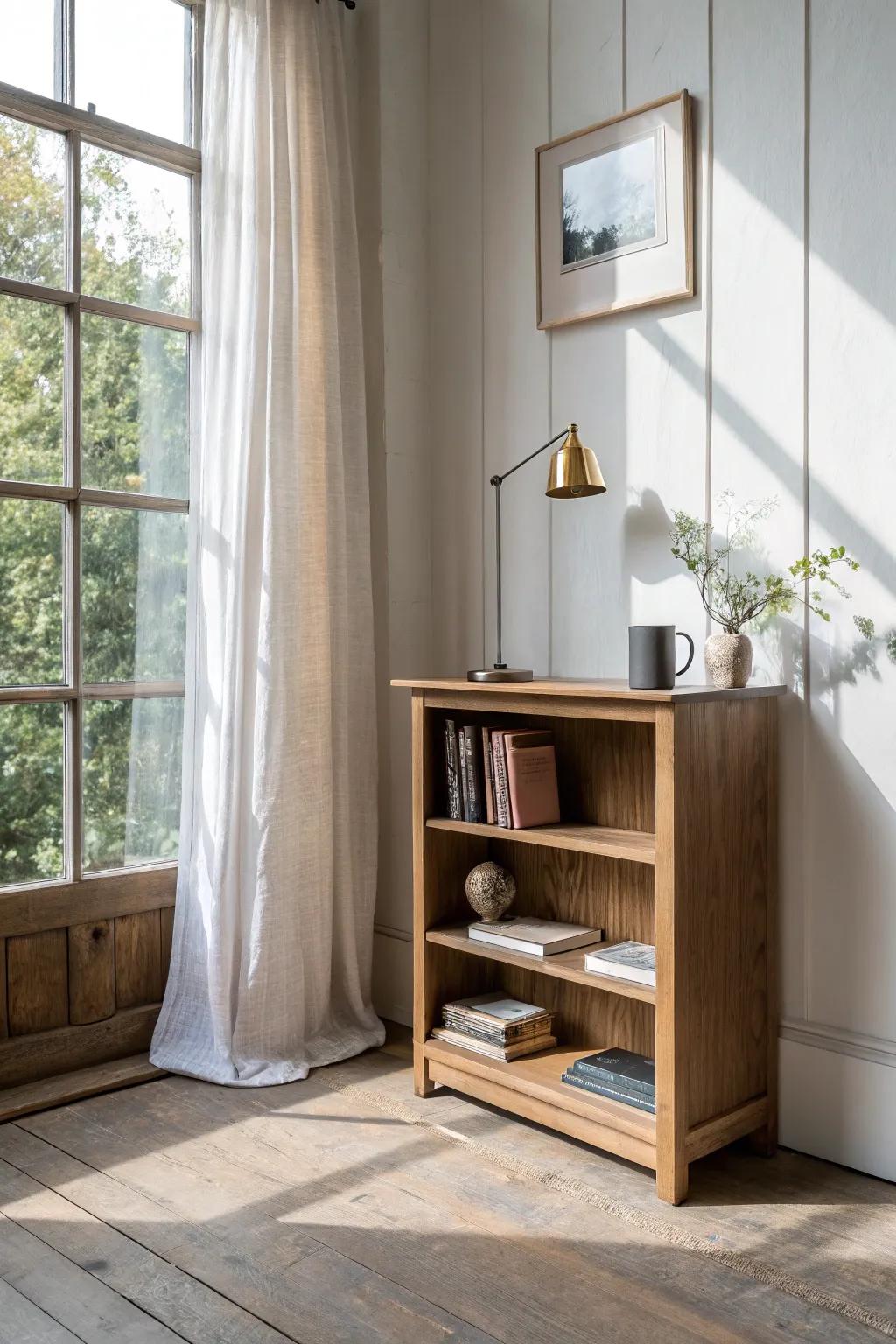 A low oak bookcase under the window—styled with leaning art and a lamp for cozy reads.