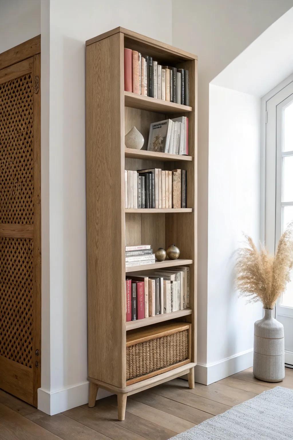 Try a light-to-dark color gradient on your shelf for a high-impact refresh in under an hour.