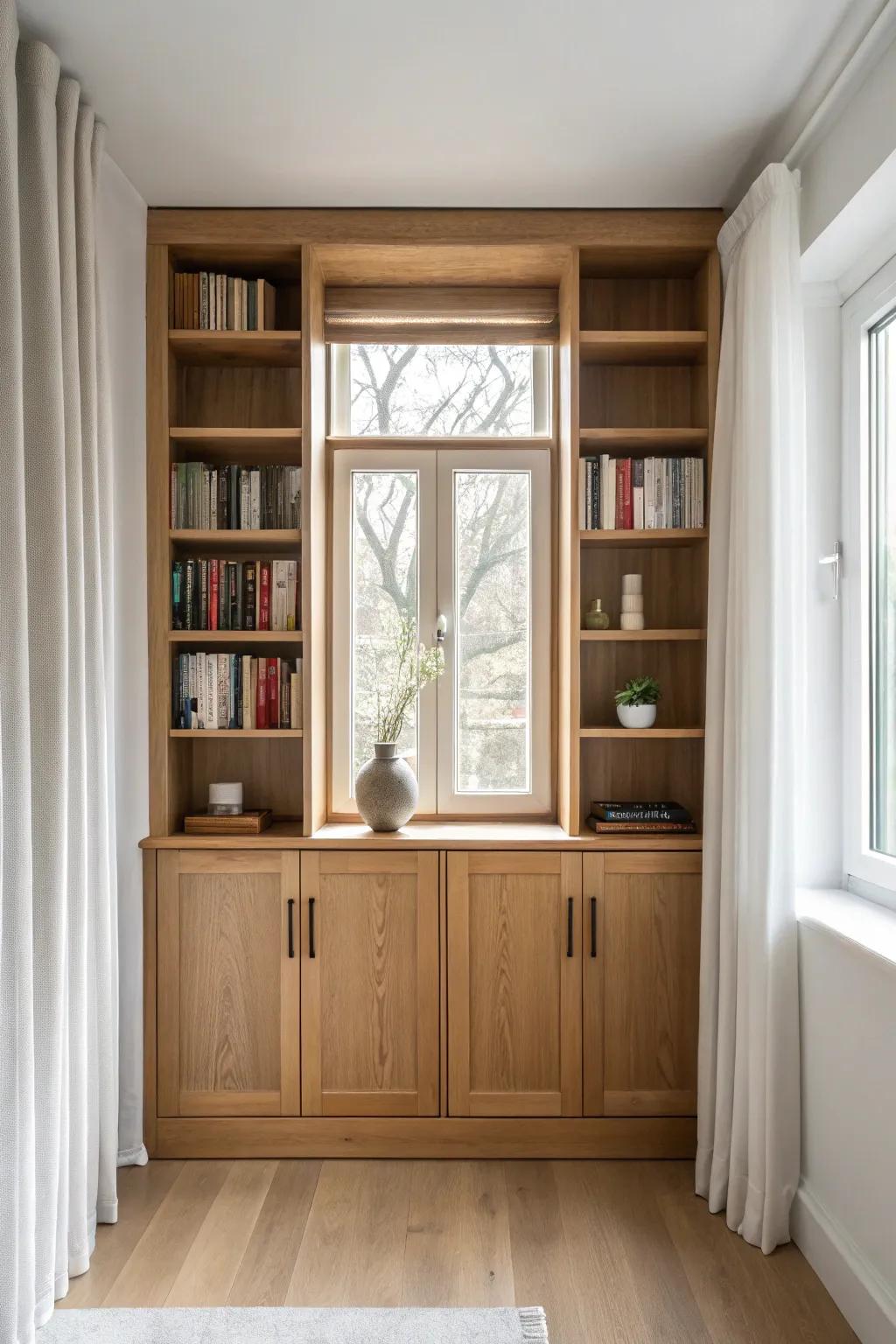 Symmetrical built-in shelves framing the window for an instantly tidy small-space look.