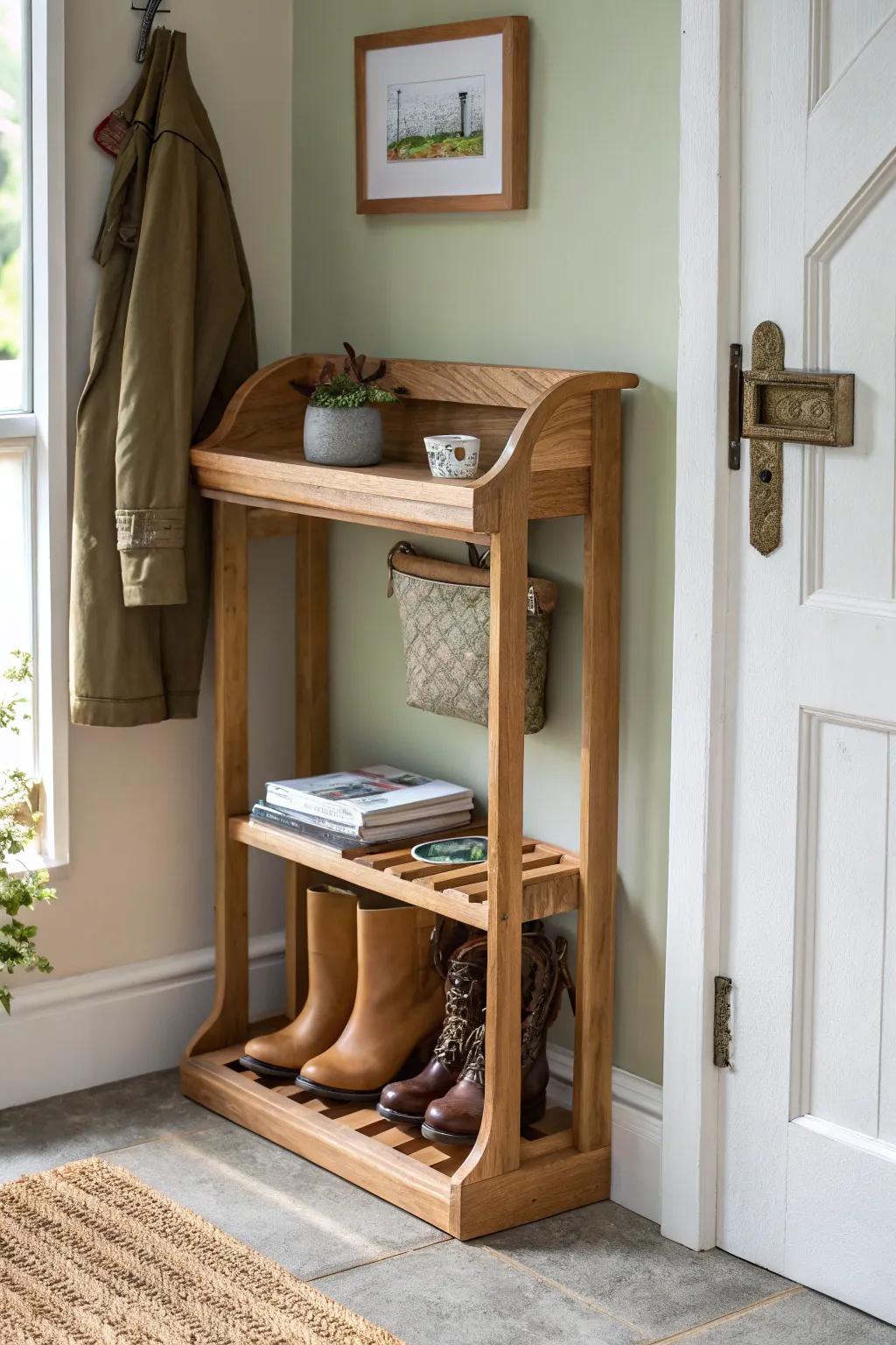 Wall-mounted boot rack with a top shelf—boots off the floor, keys and mail neatly corralled.