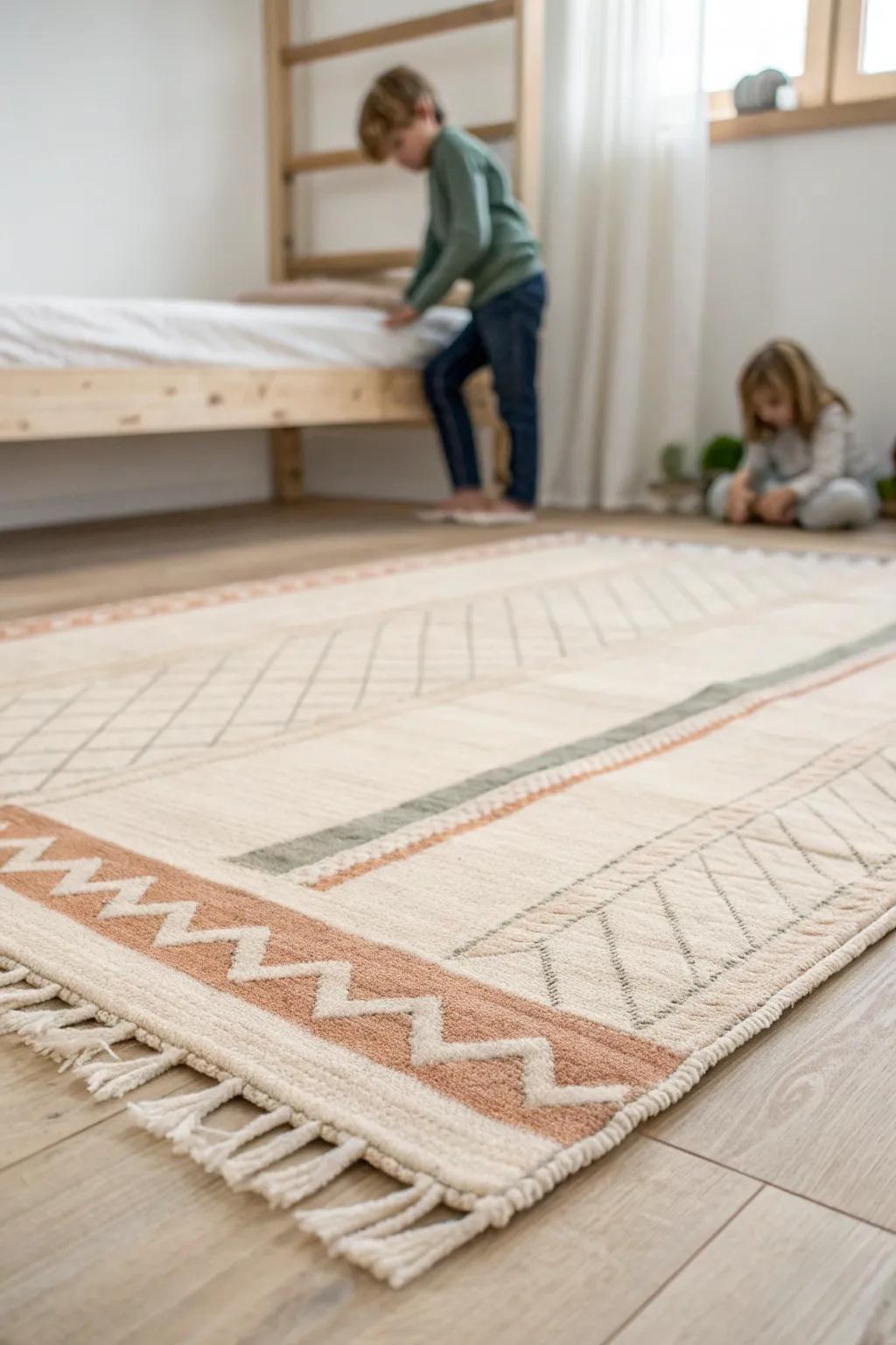 A big, cozy rug anchors the bunk-bed zone—making a shared boy & girl room feel calm and intentional.
