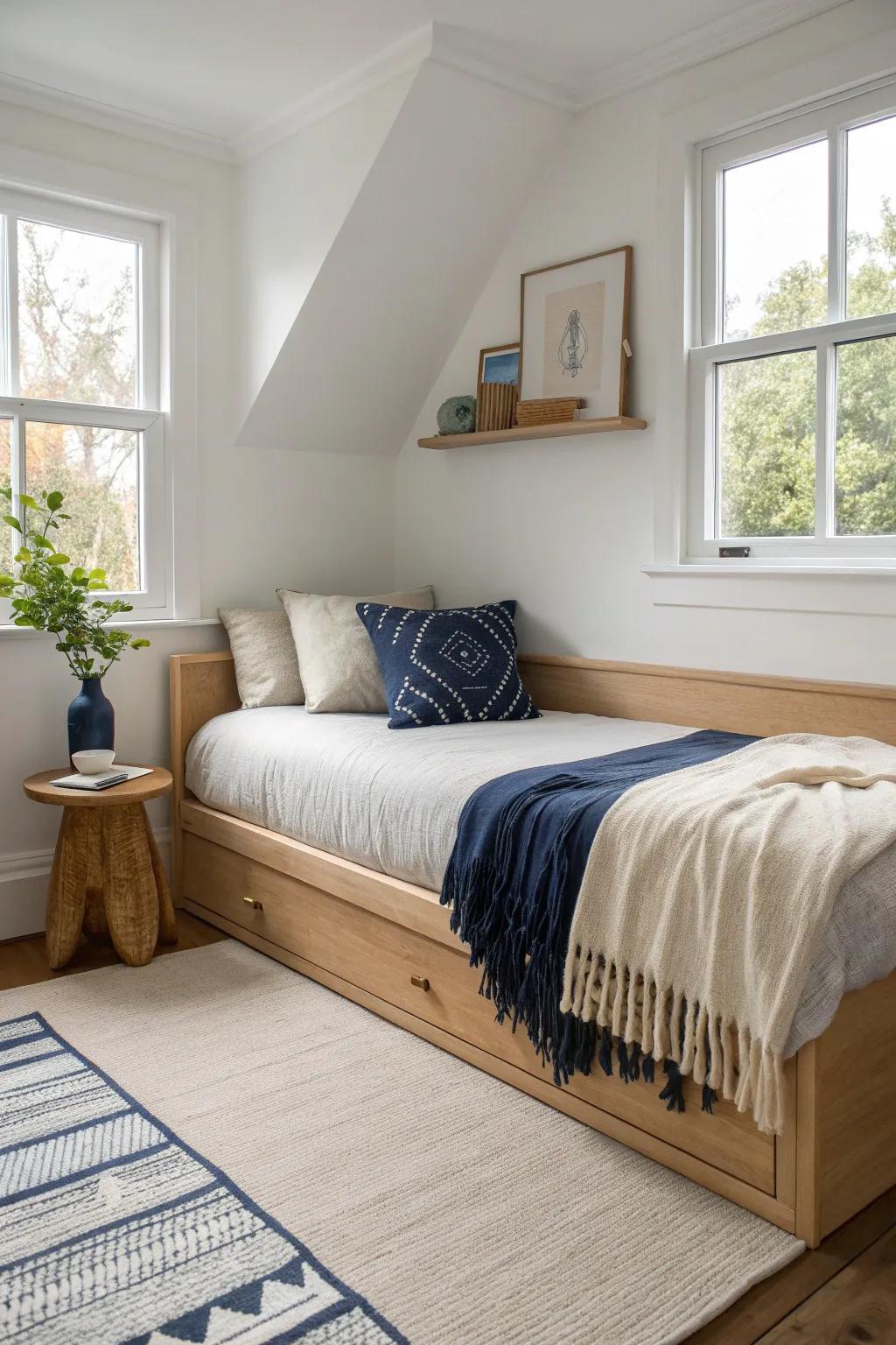 A corner-nook bed makes a tiny boys’ room feel wider by freeing up the center for play.
