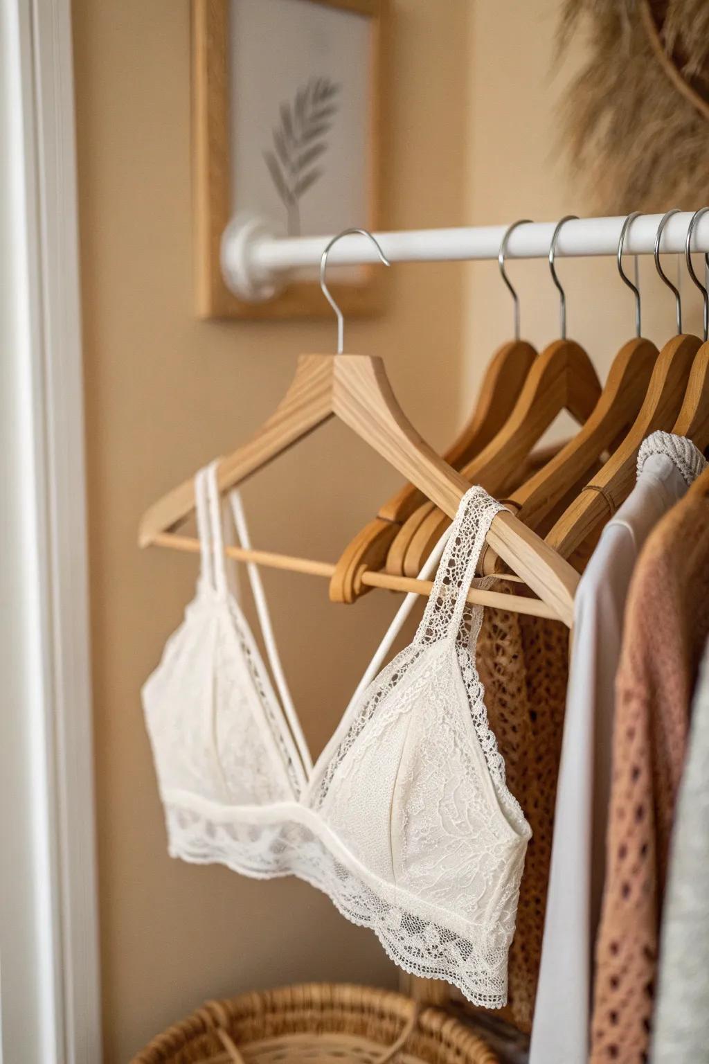 Notched hangers keep delicate bras secure, uncrushed, and easy to grab in small closets.