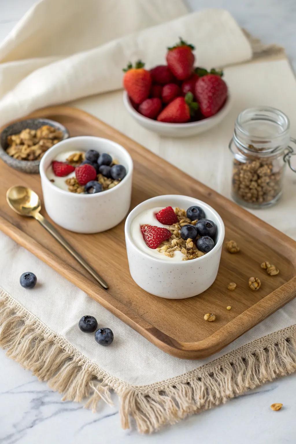 Yogurt parfait tray with pre-portioned cups, granola and fruit—light, tidy, small-space ready.
