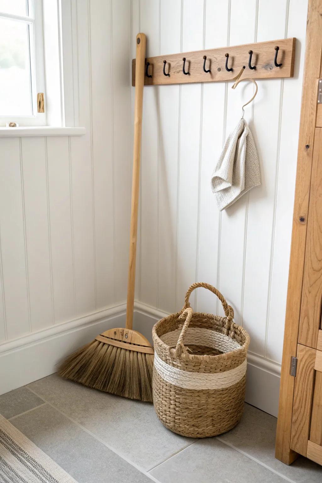 Corner wall hooks keep your broom tucked away—minimal, warm, and perfect for small spaces.