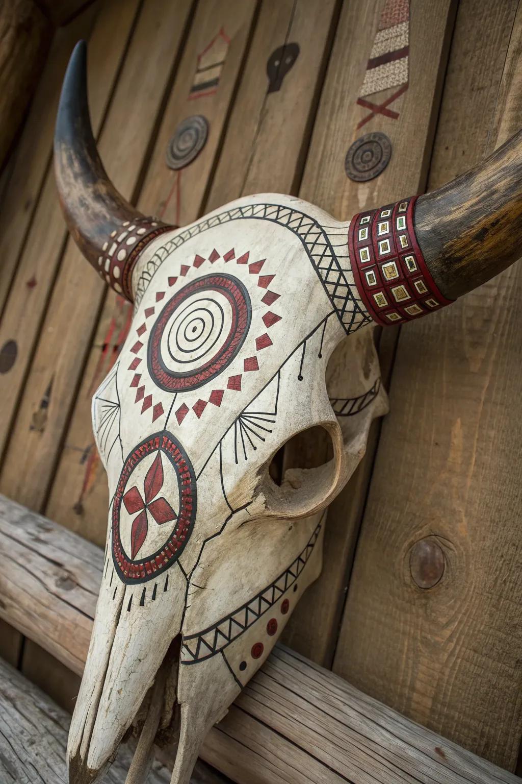 Honor tradition with timeless craftsmanship: A buffalo skull beautifully painted with ancient symbols.
