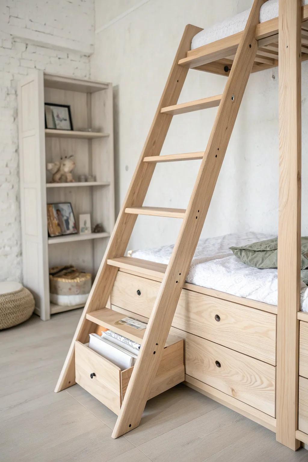 Angled stair ladder with hidden drawers—pretty, practical storage built into every step.