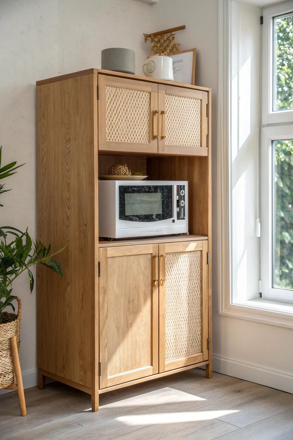 Hide the microwave in a chic appliance garage—clean lines, warm oak, and calm small-space style.