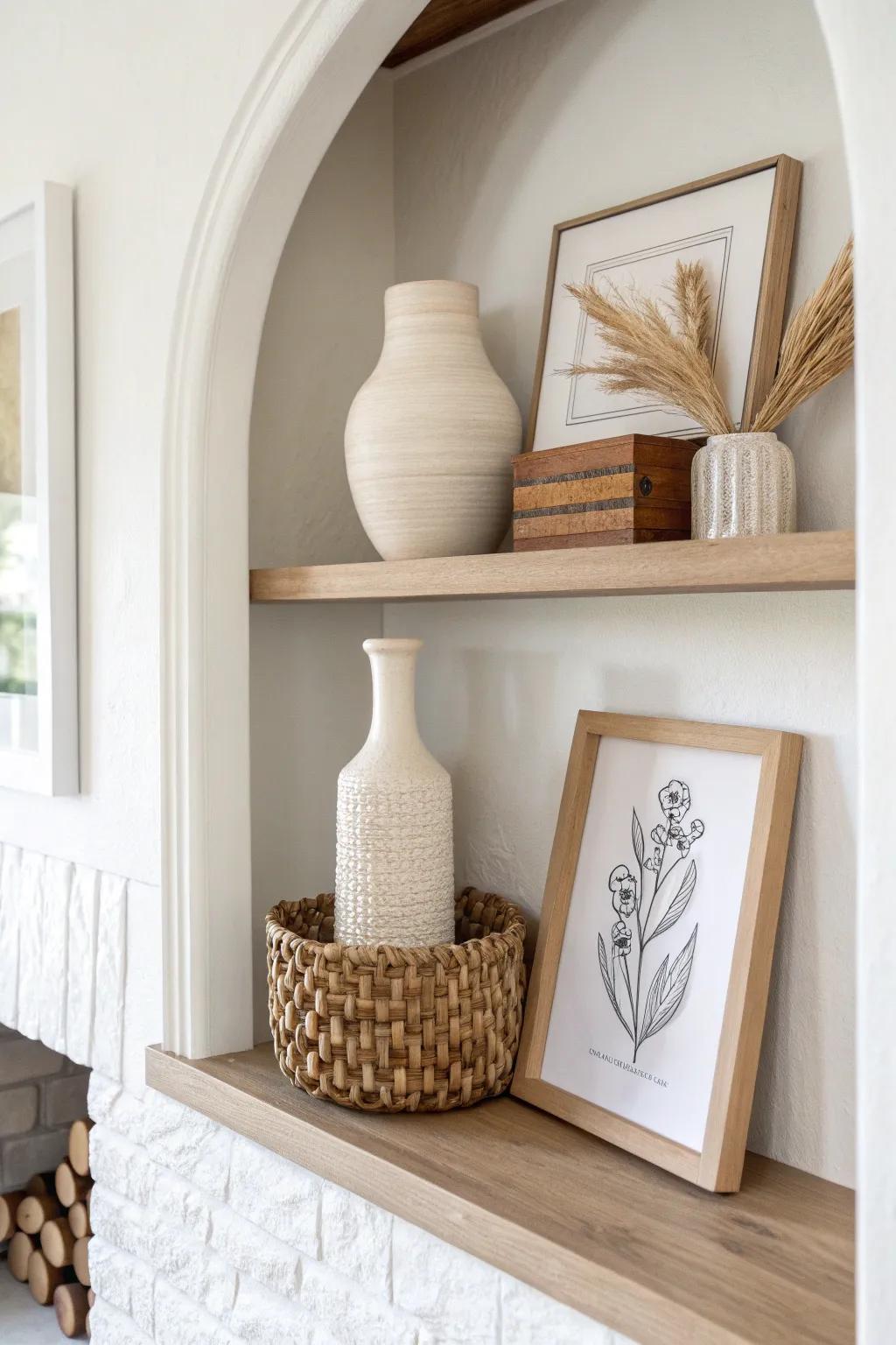 Style built-ins with a trio: tall vase, art, and woven texture for effortless shelf movement.