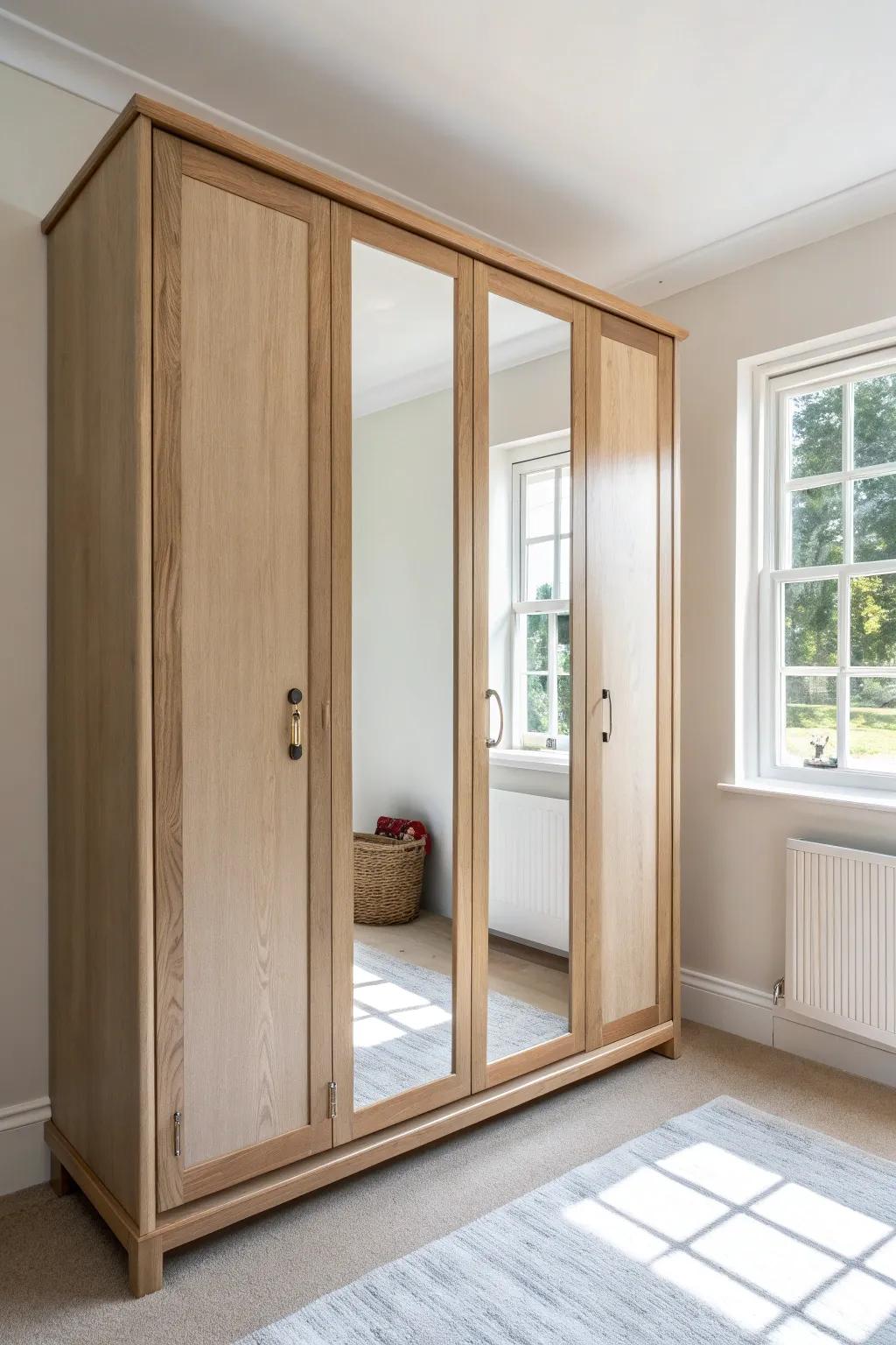 Mirrored built-in wardrobe doors that bounce light and make a small room feel twice as big.
