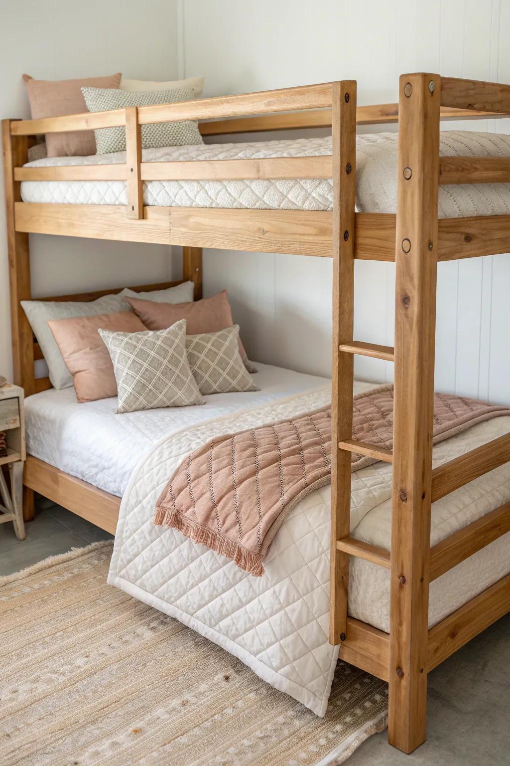 Same quilt on both bunks, different pillows—cohesive, cozy, and beautifully uncluttered.