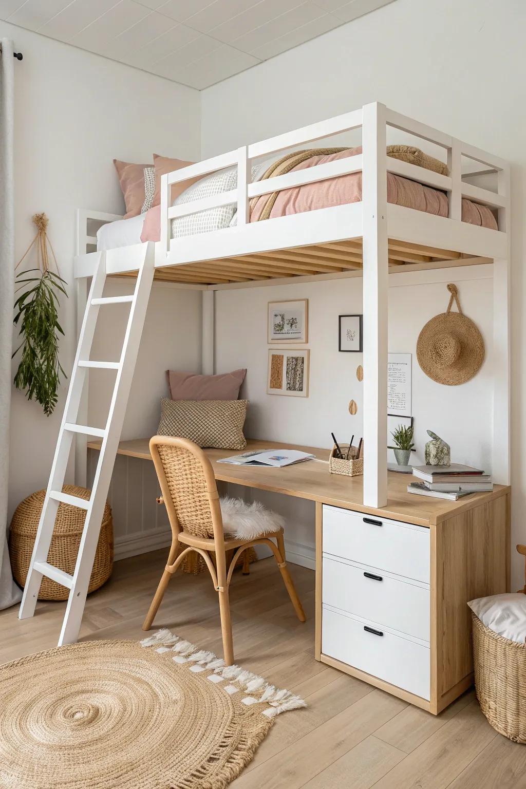 Loft bunk over a tidy desk: airy Scandinavian lines with cozy boho textures for tiny rooms.