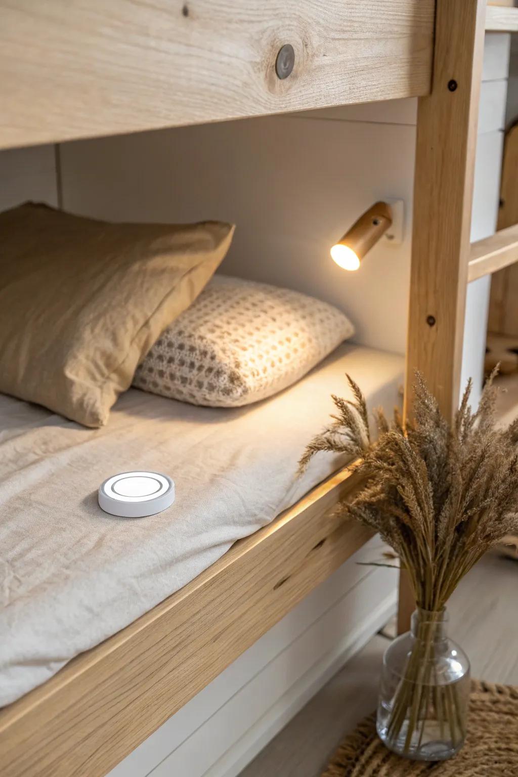 A warm puck light tucked under the shelf gives a tidy, glare-free bunk bed reading glow.