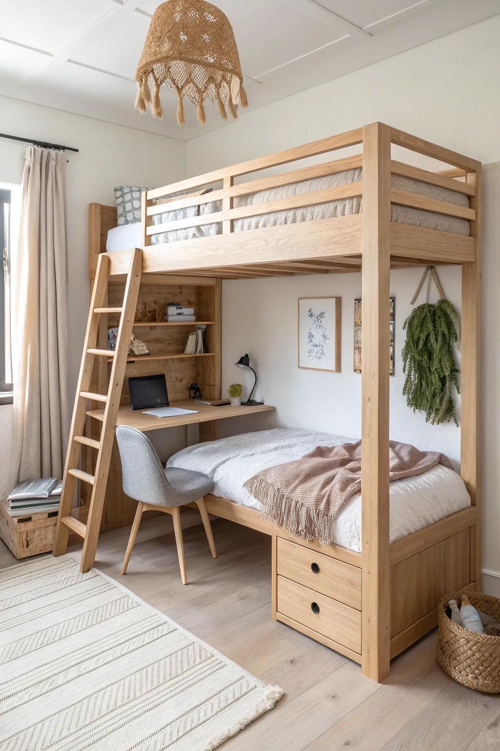 Loft bunk over a desk: cozy sleep up top, a clean study nook below—perfect for tiny rooms.
