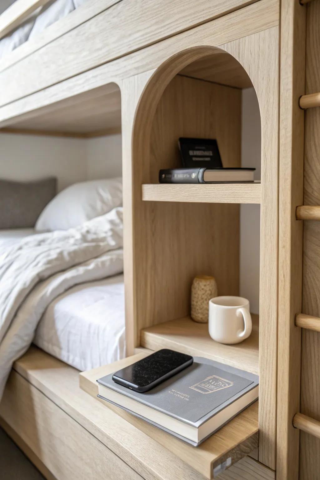 A built‑in bunk niche keeps essentials close—no bulky nightstand, just calm hotel vibes.