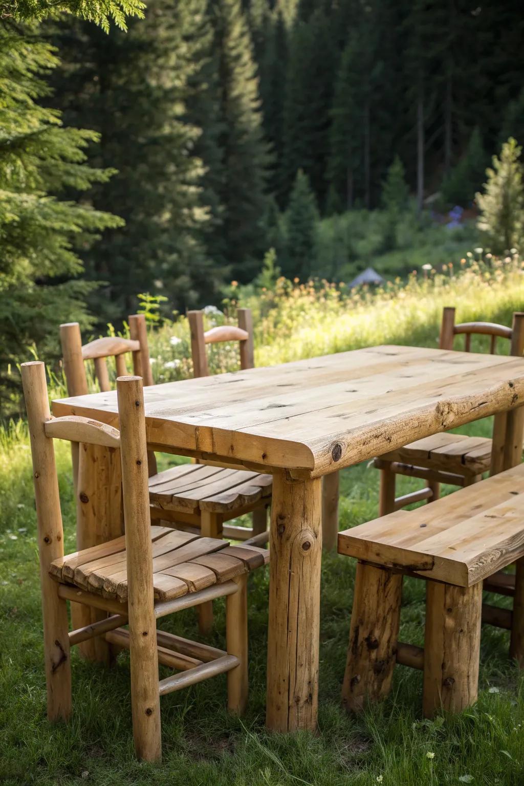 Embrace the art of bushcraft with this handcrafted rustic dining set – a perfect blend of nature and skill.
