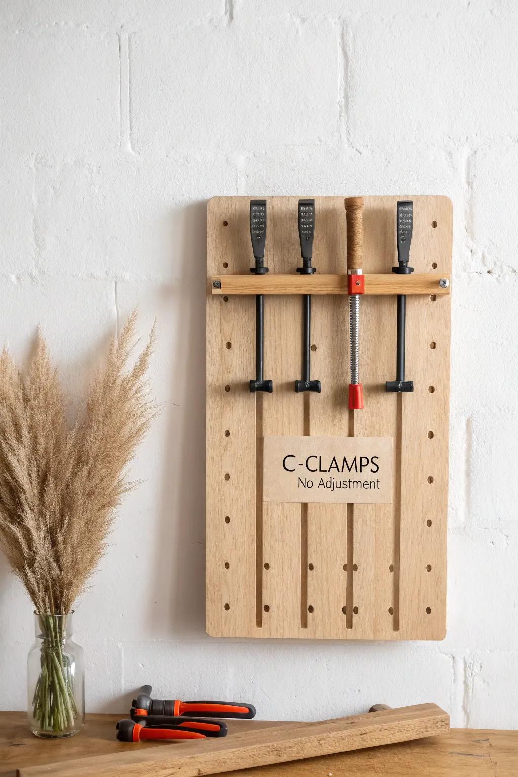 A slim slot board that grips C‑clamp handles—tidy storage that works at any jaw width.