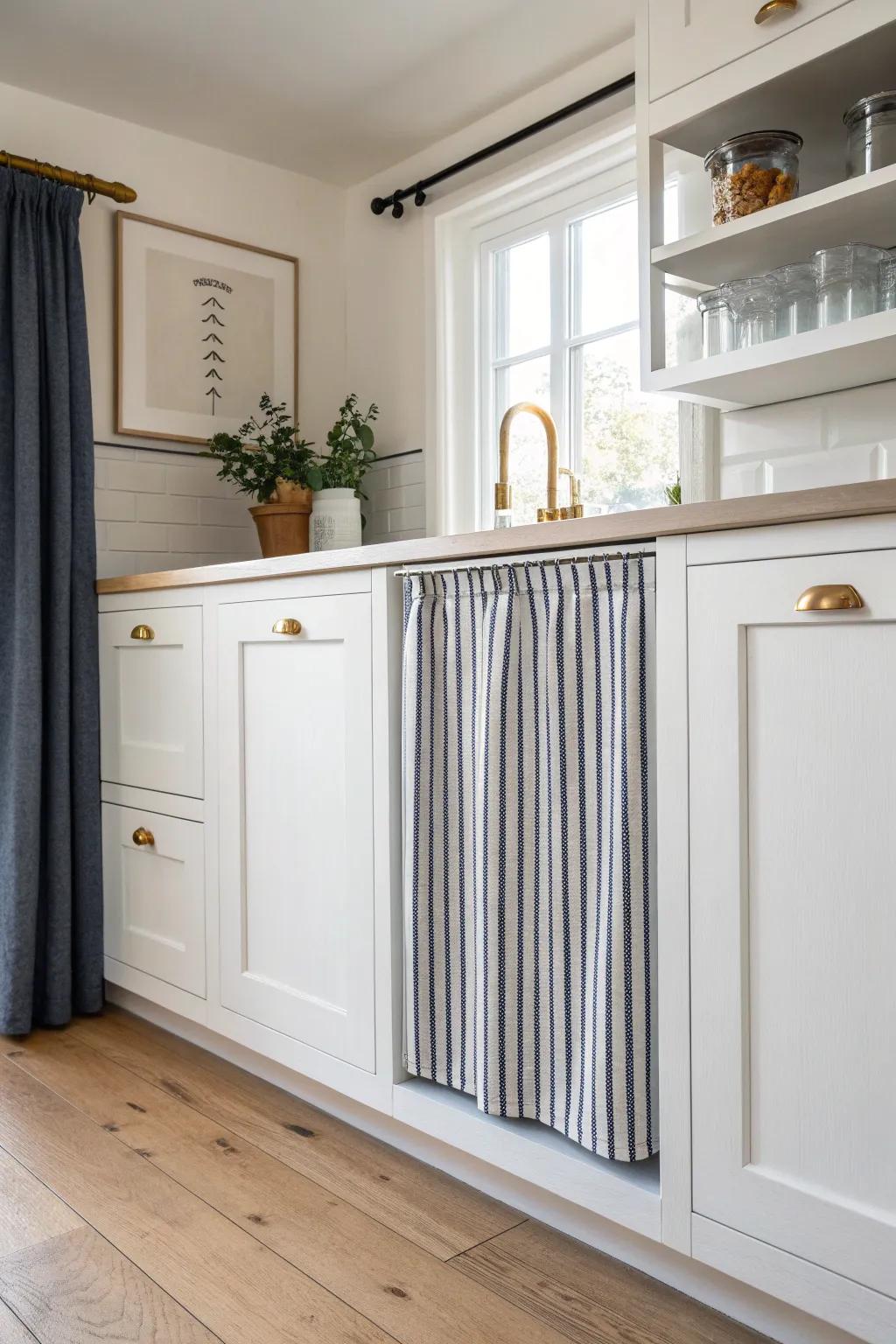 Ticking-stripe cabinet curtains add height and polish—perfect for a slim galley kitchen.