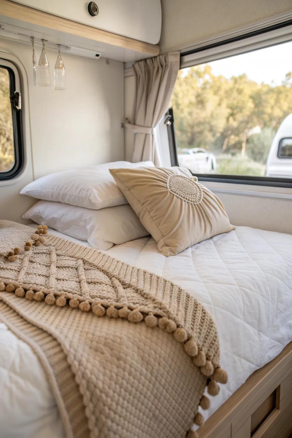 Sheet + quilt + throw: a simple layered setup that feels cozy without crowding your camper.