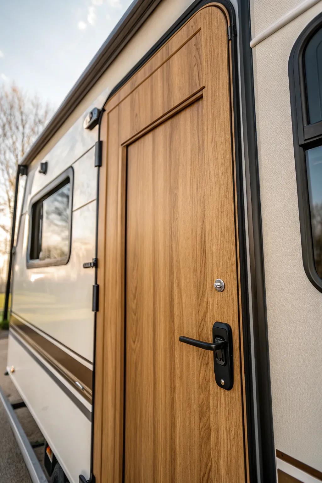 Warm faux wood finish turns a plain camper door into cozy cabin vibes—lightweight and chic.