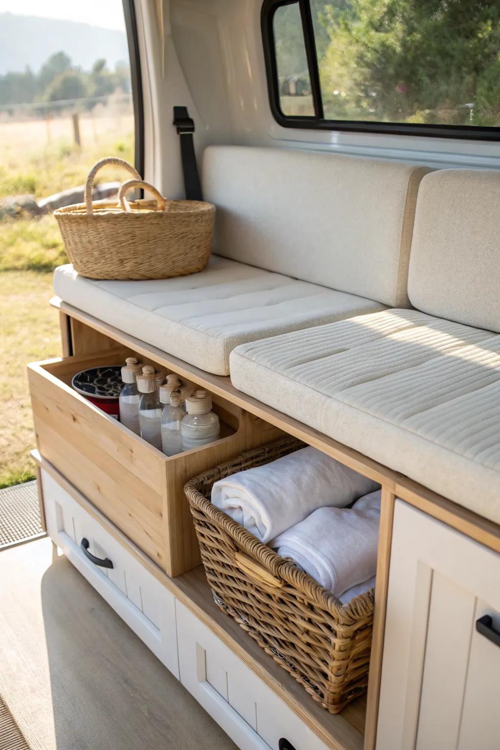Lift-top bench seating that hides linens and pantry overflow—pretty, practical van storage.