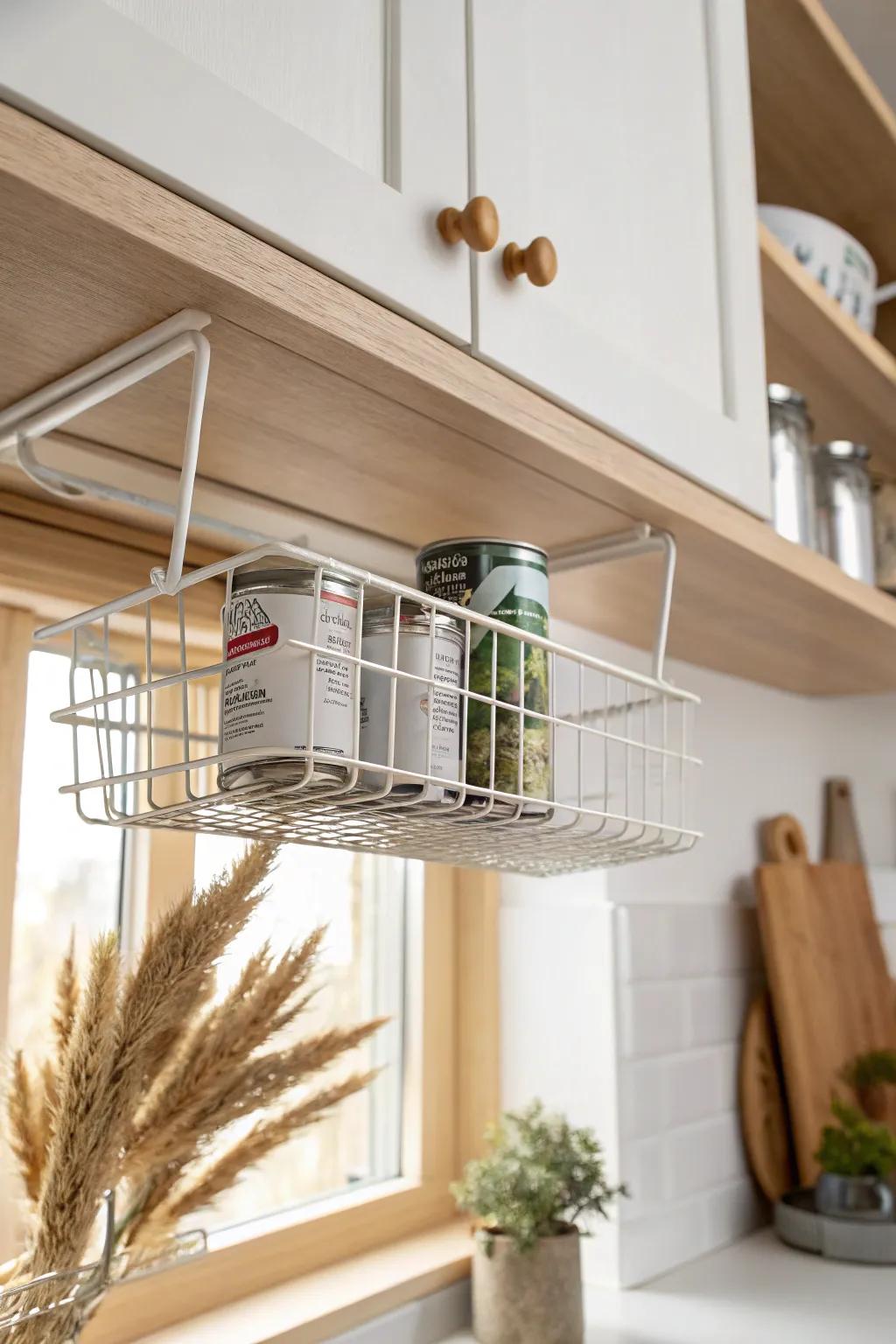 Maximize tiny cabinets with an under-shelf basket—keep weeknight cans easy to grab.