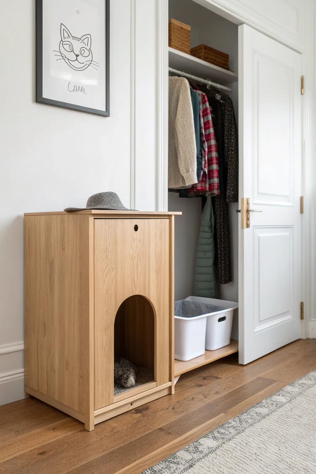 Turn a tiny closet corner into a chic litter station—hidden, airy, and rental-friendly.
