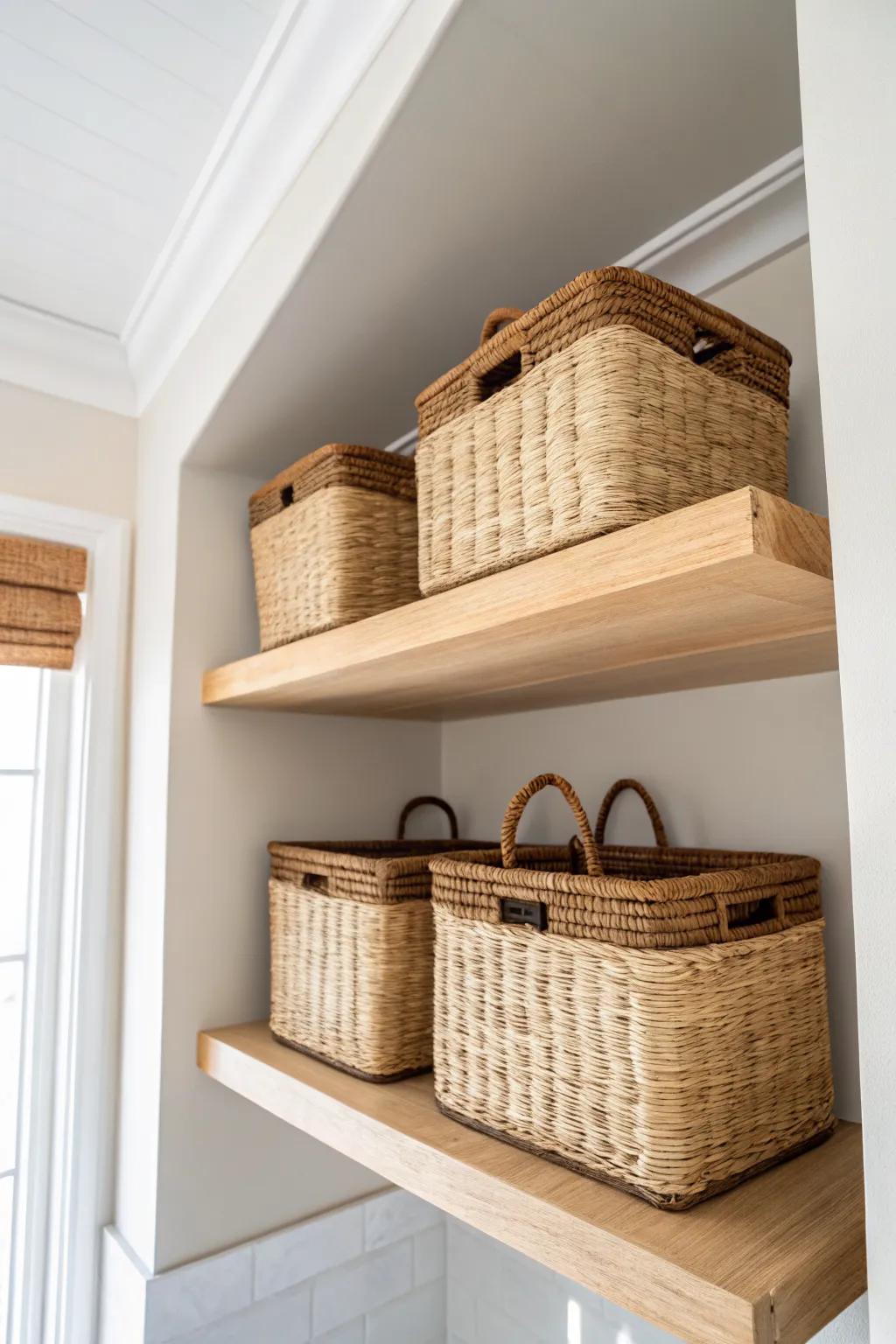 Airy ceiling shelf + woven baskets: hide clutter up high while keeping your closet calm.