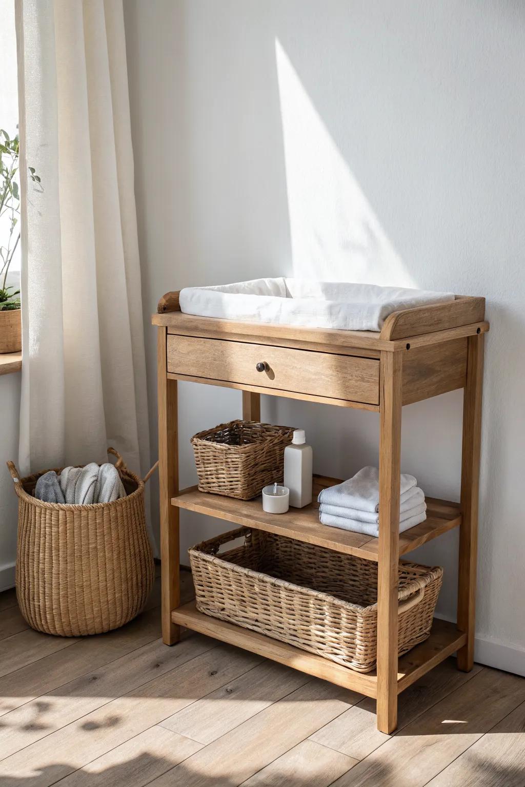 A slim console becomes the perfect small-space changing station—tidy, airy, and beautiful.