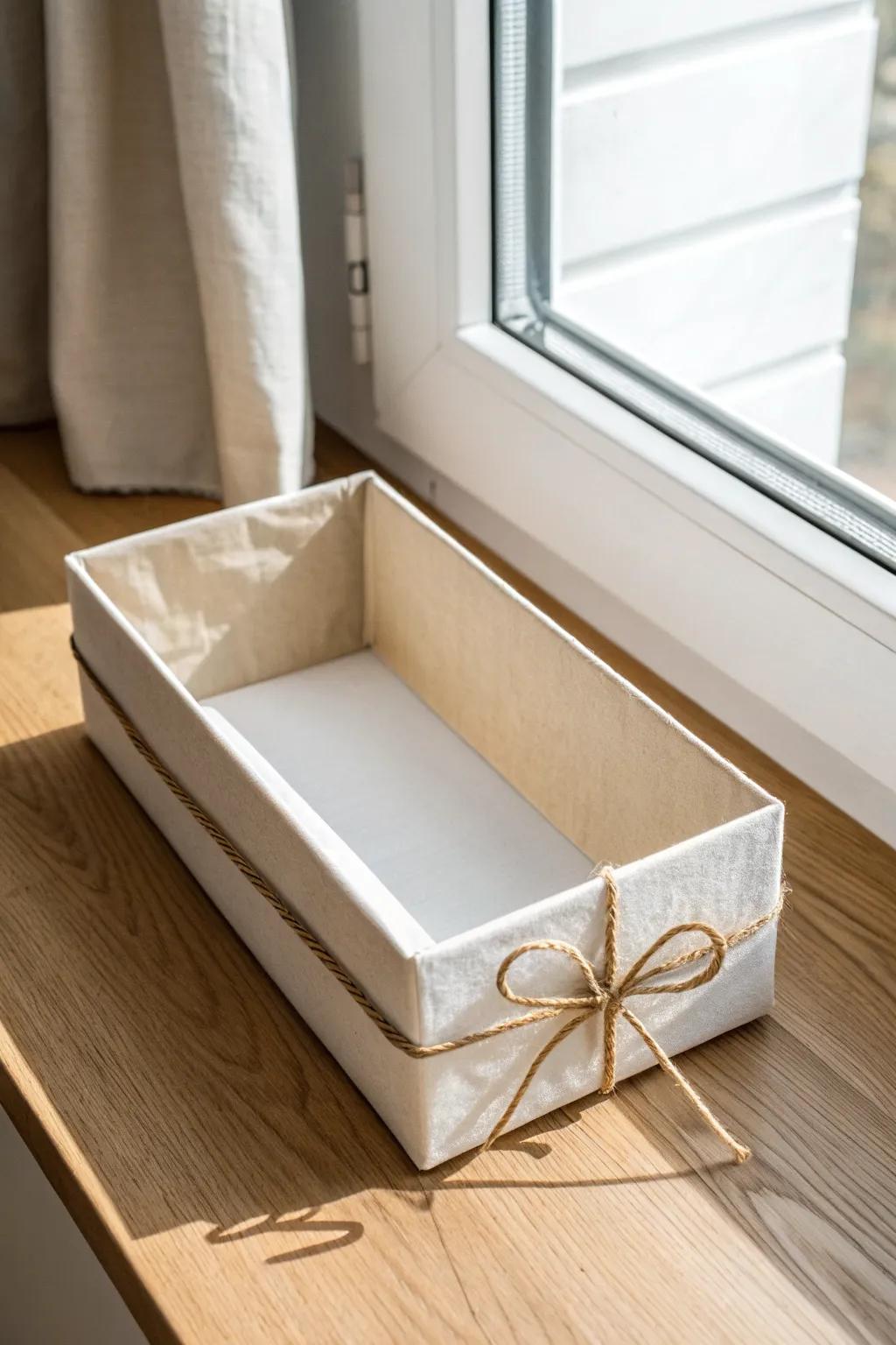 DIY shoebox divider wrapped in leftover paper—free drawer organization that looks styled.