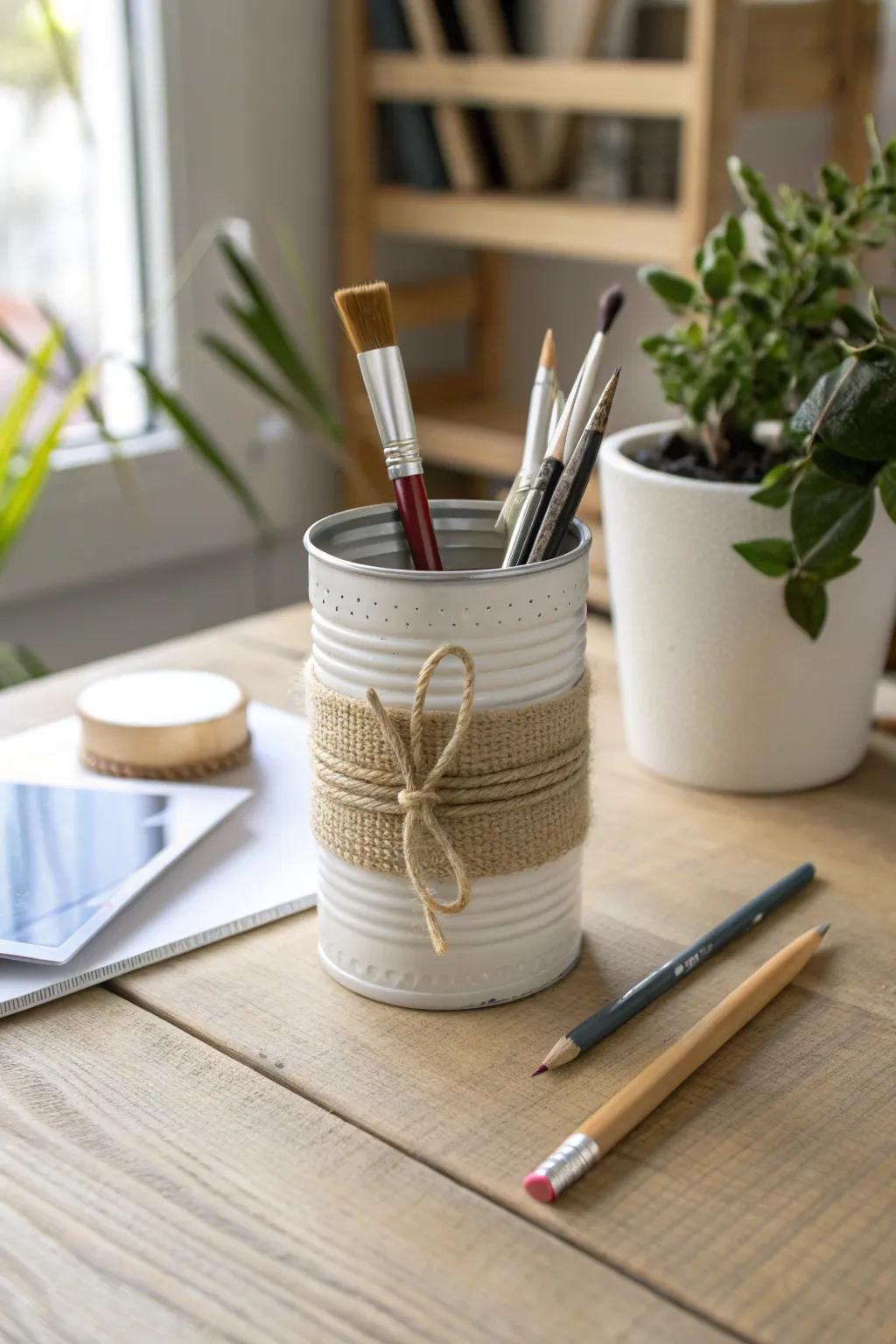 Upcycled food can tool caddy: chic, sturdy storage for brushes, pencils, and small tools.