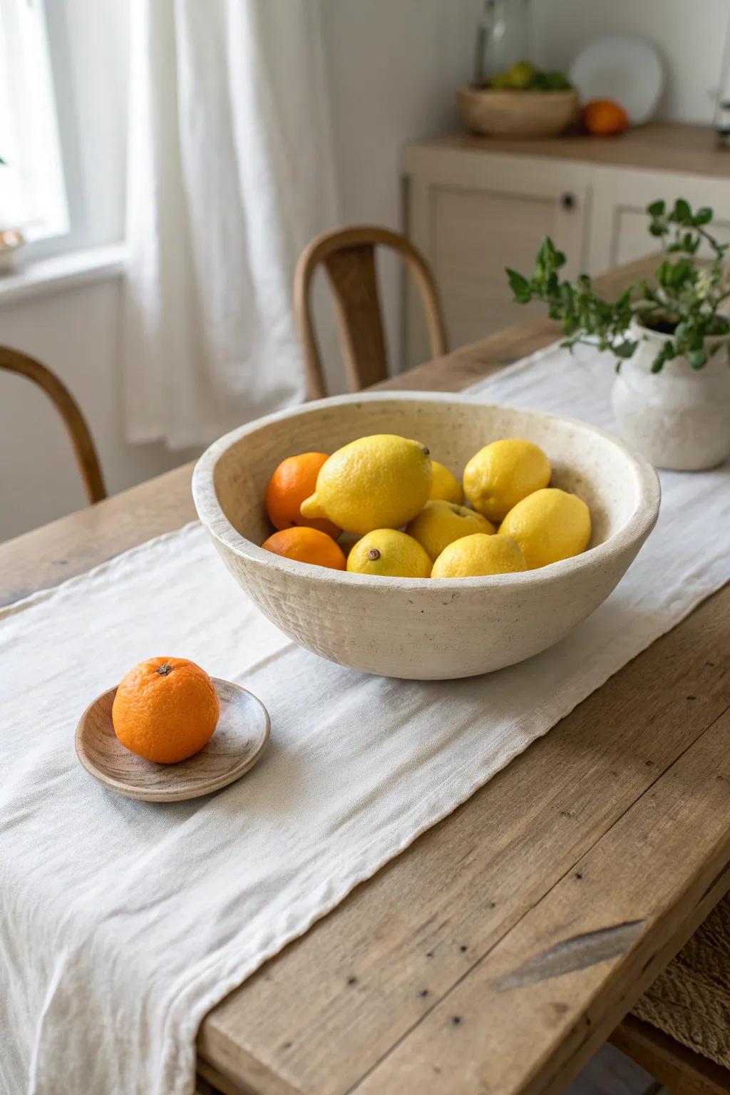 Bright lemons on linen: the simplest cheap table decor that doubles as an easy snack.
