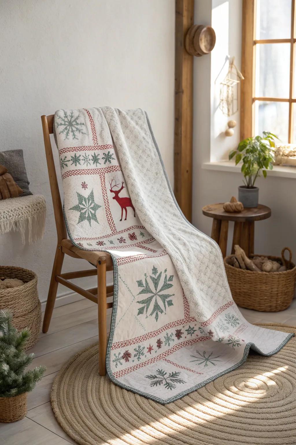 Wrap yourself in Christmas magic with this beautifully crafted quilt, where festive patterns meet minimalist charm. 🎄✨