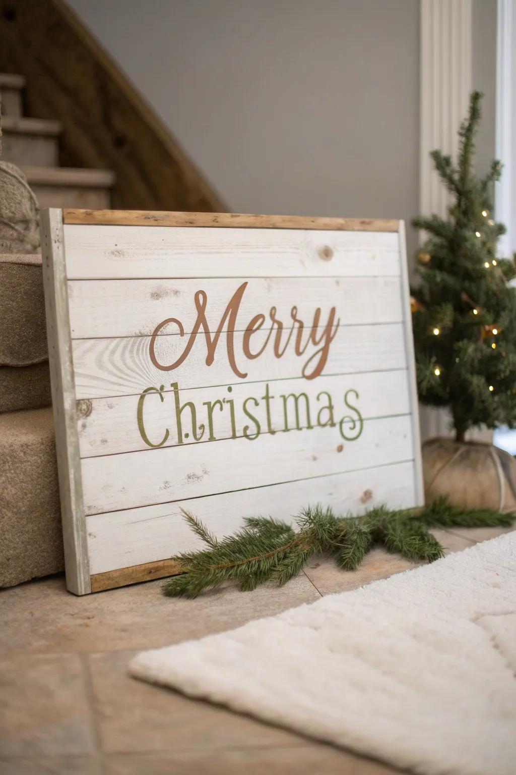 Embrace the charm of a rustic 'Merry Christmas' sign, where simplicity meets elegance.