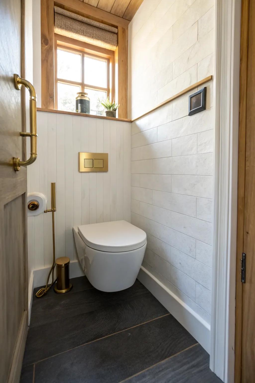 A wall-hung toilet keeps the cloakroom light and hotel-clean—more floor, less clutter.