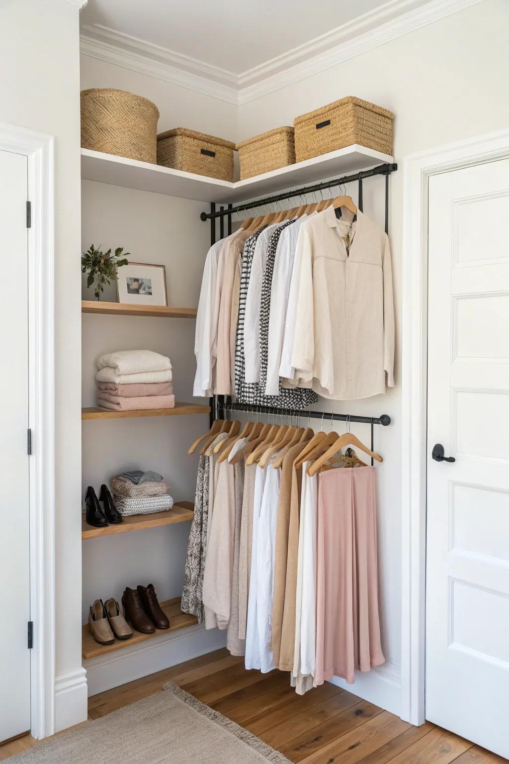 Add double-hang rods in a closet corner to double space for shirts and skirts—no extra drawers.