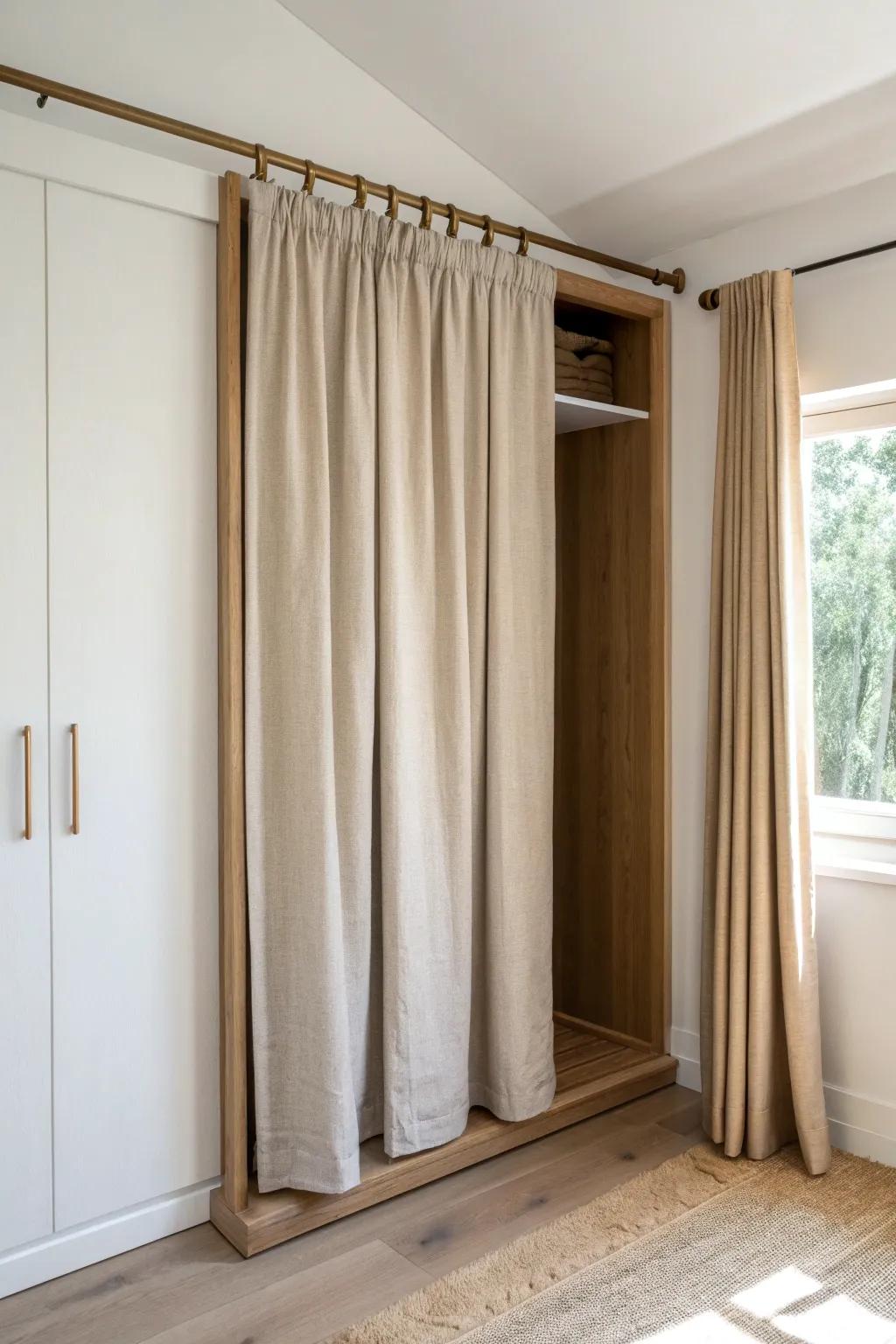 Two-panel linen closet curtains—open one side in a snap, keep the room calm and chic.