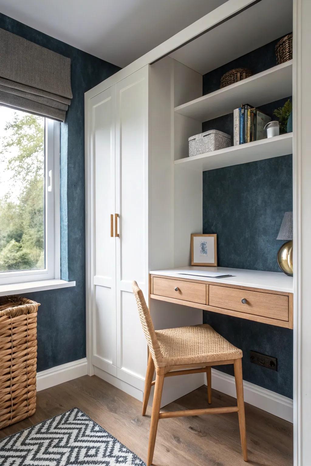 Deep, moody accent wall turns a closet nook into a chic built-in desk moment—with less screen glare.