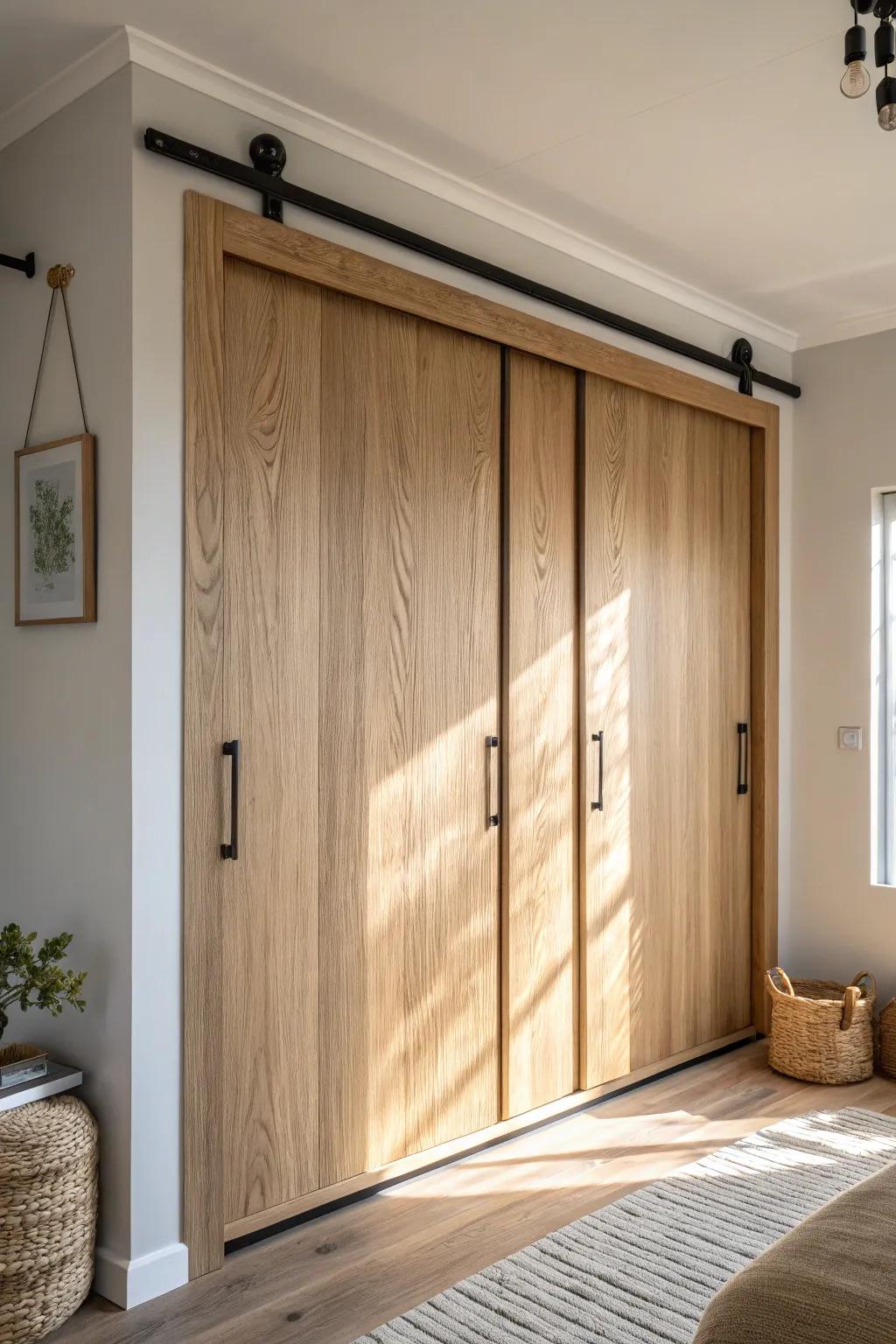 Double sliding closet panels in light oak—balanced, space-saving, and beautifully minimal.