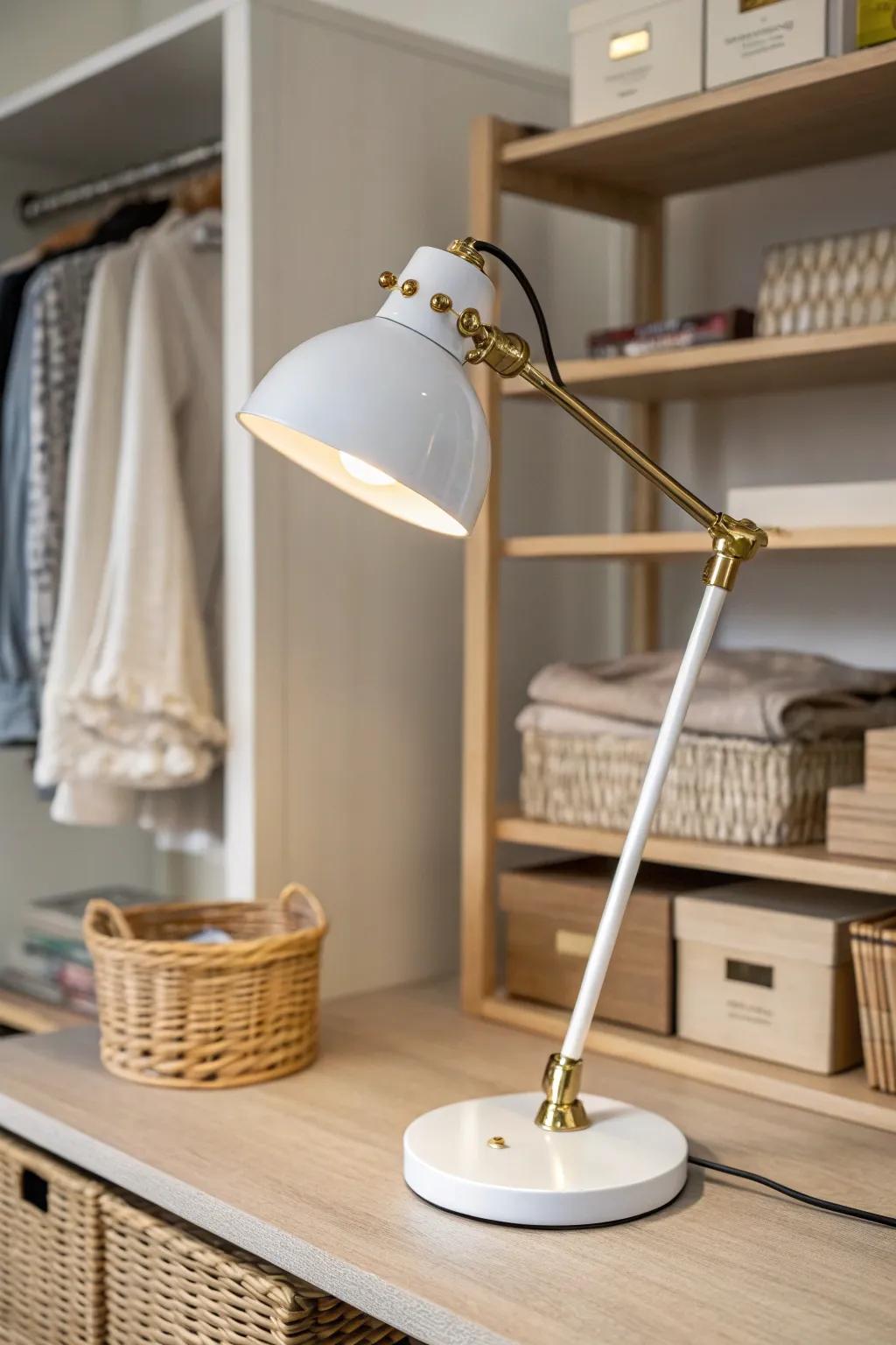 A slim task lamp + under-shelf glow turns a dark closet desk into a mini studio.