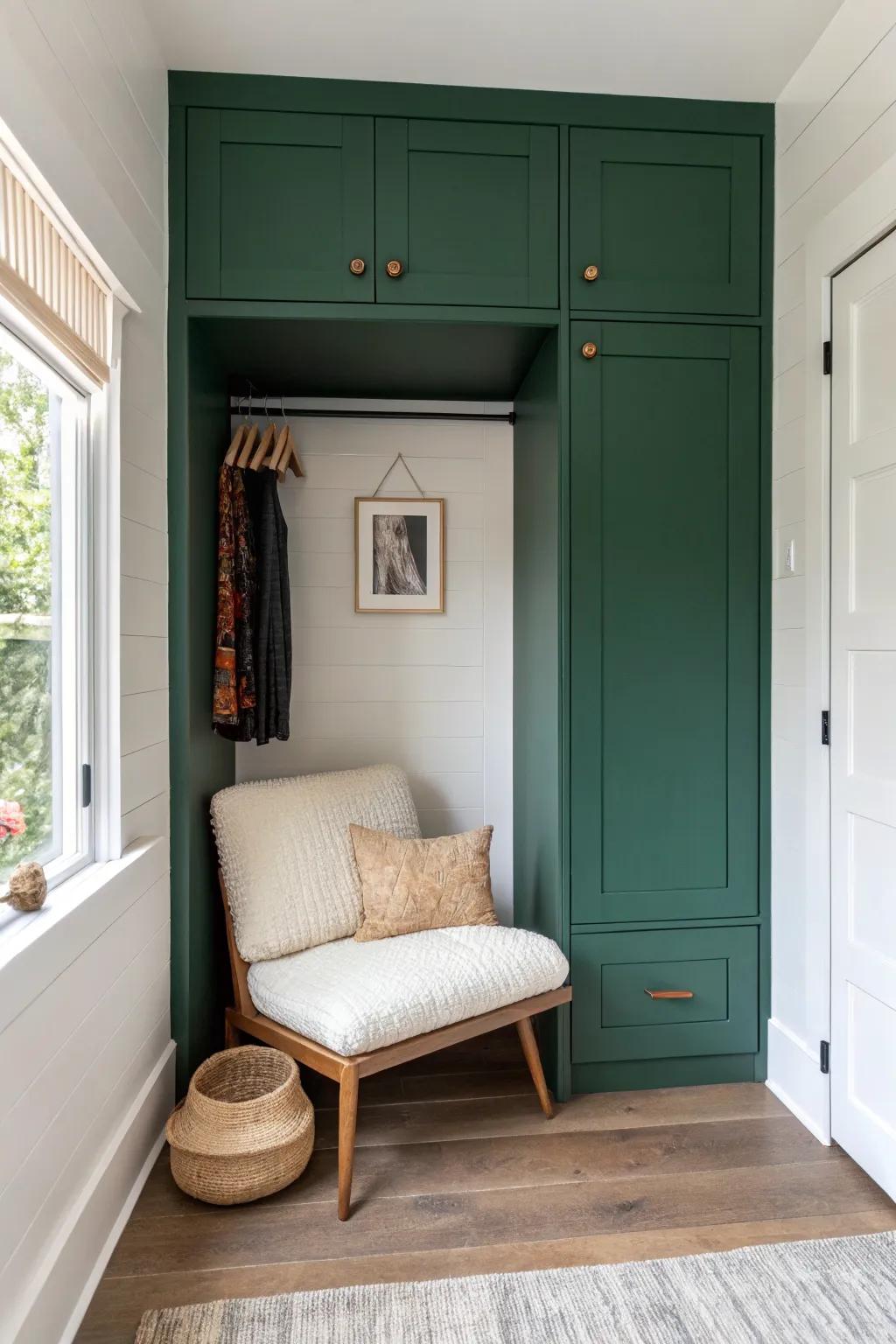 Paint a closet nook deep green for bold contrast—one creamy lounge chair turns it into a hideaway.