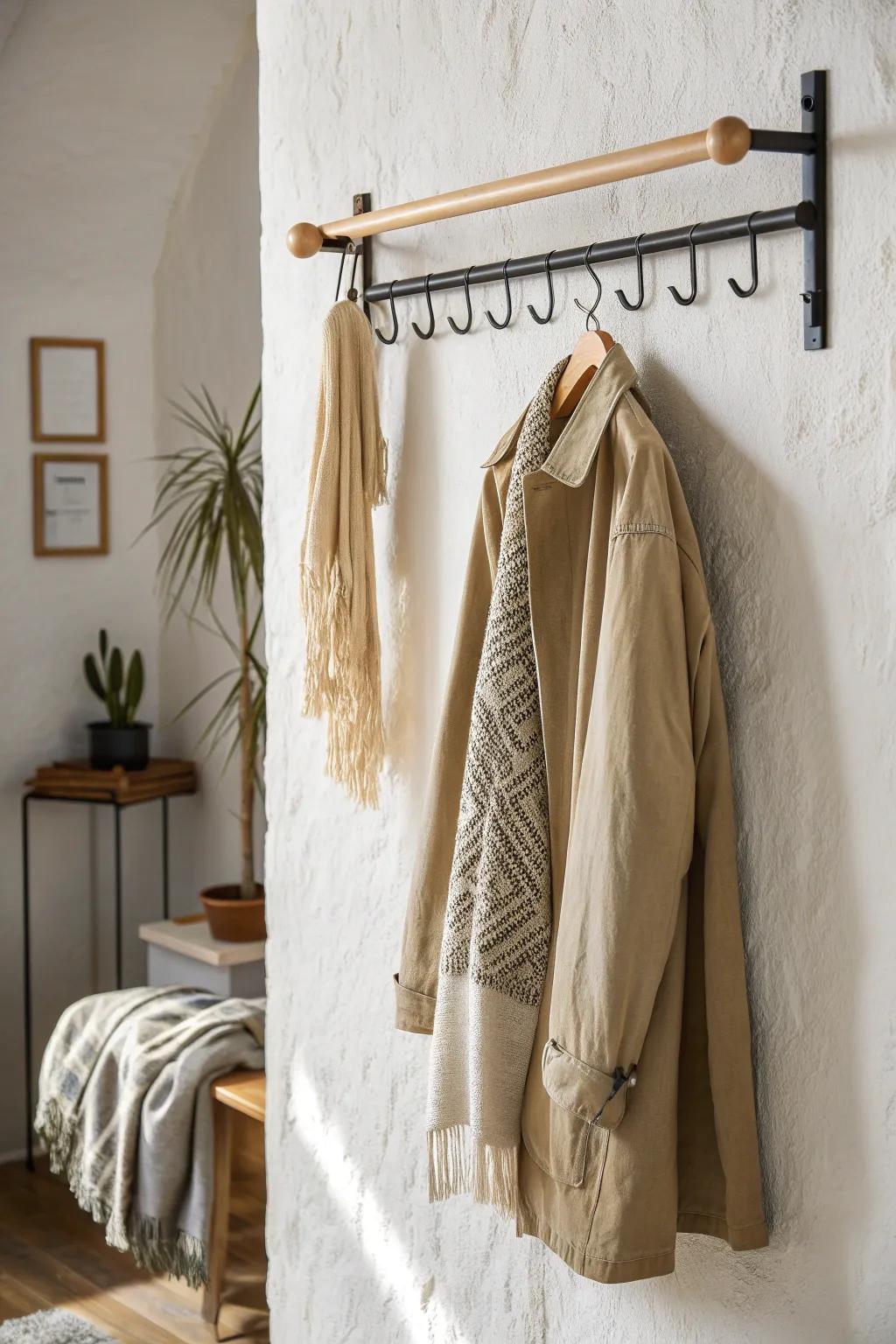 A face-out bar turns one favorite jacket into a boutique-style feature in a small space.