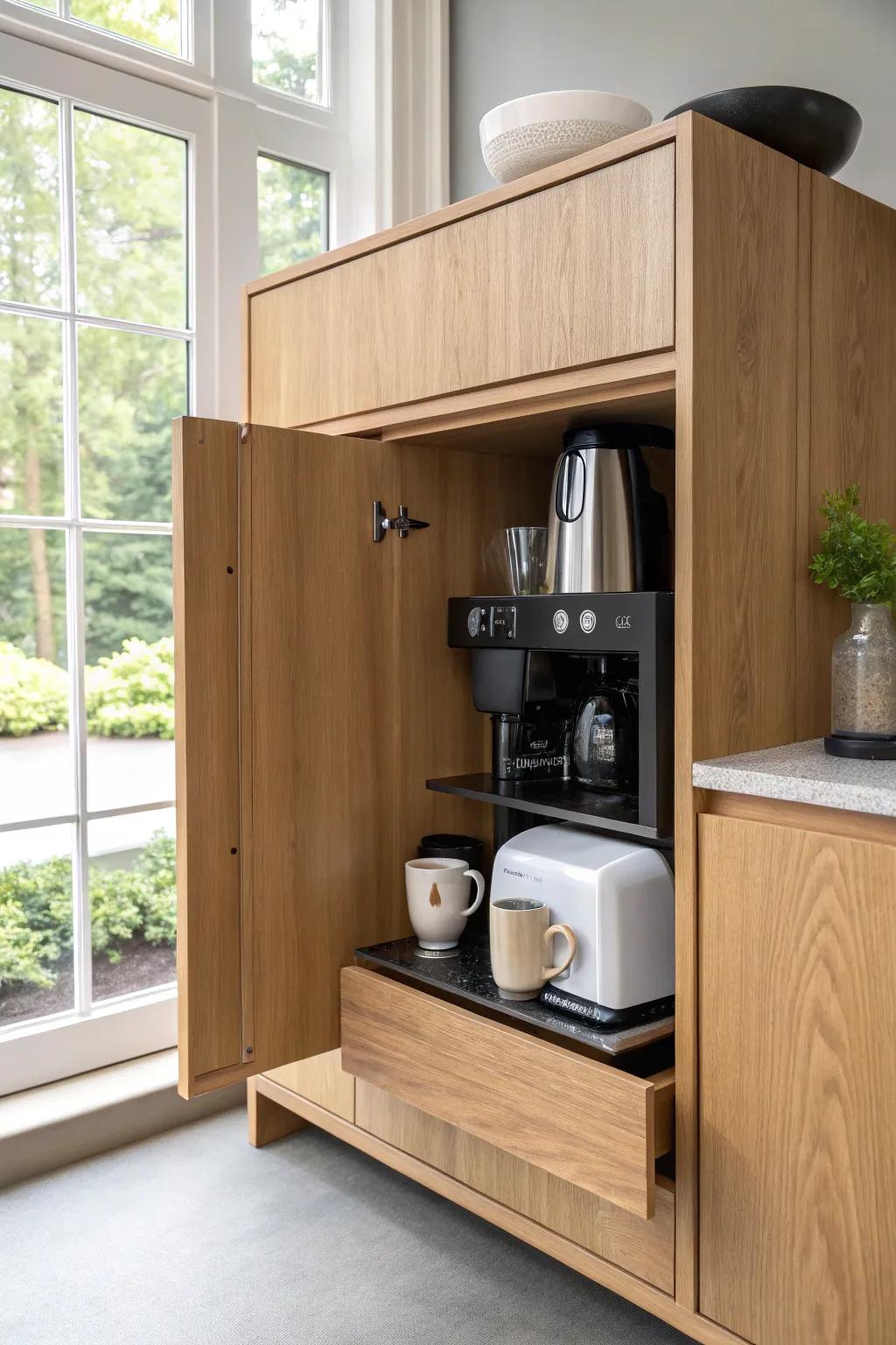 Hidden coffee bar cabinet with a pull-out shelf—clean counters, cozy Scandinavian calm.
