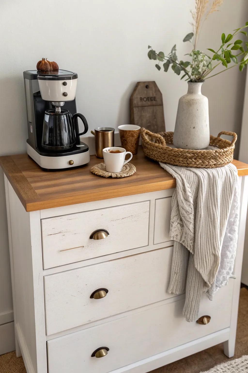 Repurposed dresser coffee corner: drawers tuck away filters and mugs, top stays serene.