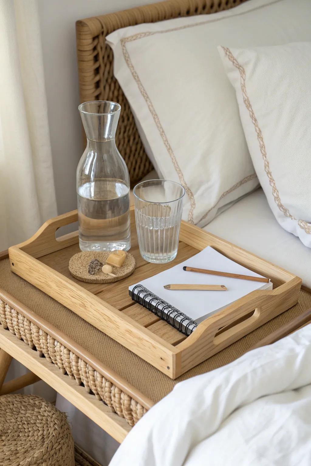 Mini bedside station: a simple tray for water, lip balm, and notes in a tiny bedroom.