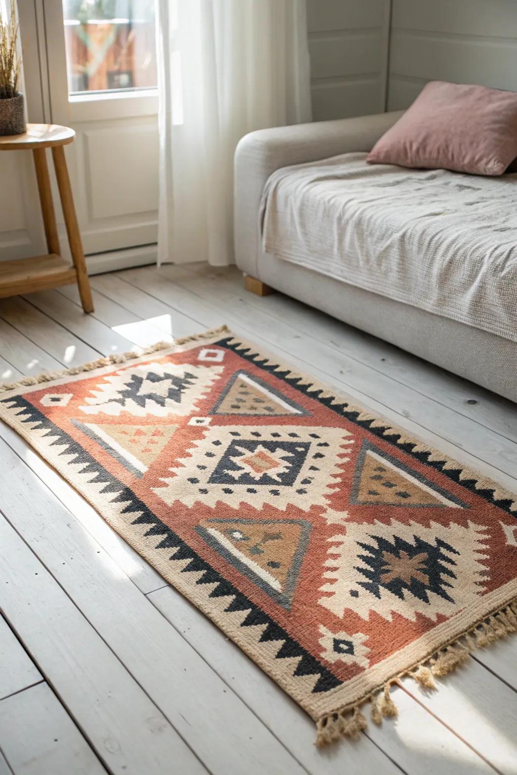 A patterned mini rug anchors the hangout zone—and hides crumbs and scuffs in small spaces.