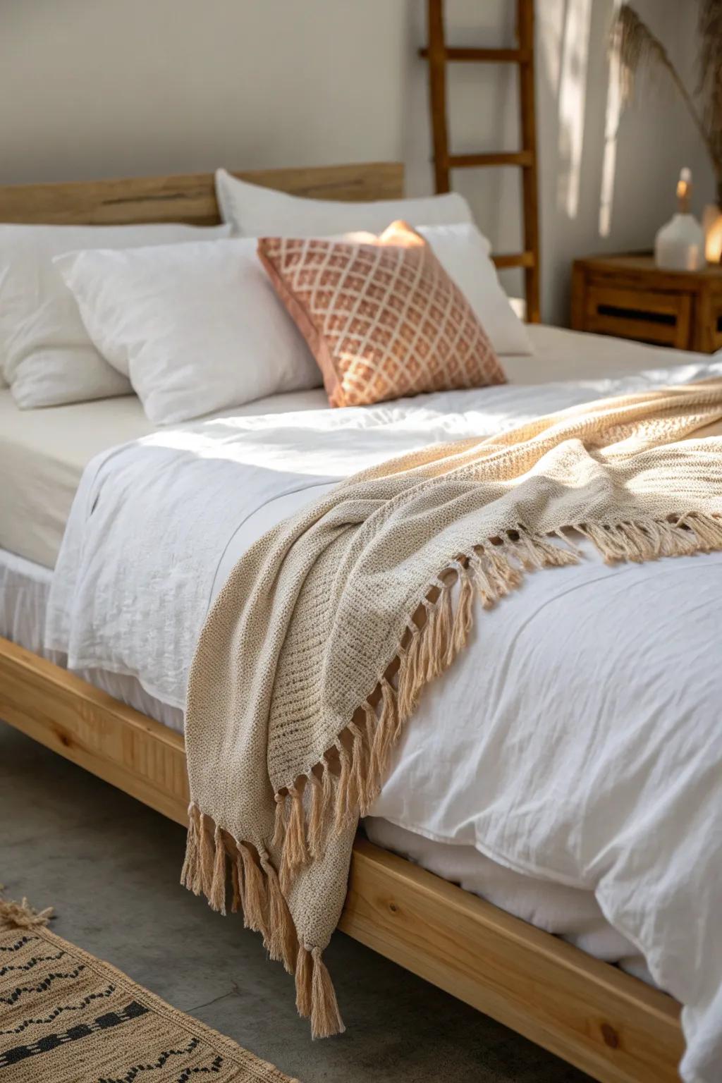 Layer your dorm bed with crisp linen, a cozy throw, and textured pillows for instant style.